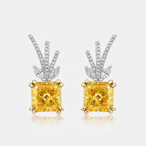 925 Sterling Silver Antler Stud Earrings Yellow Square Cut Zirconia Fashion Luxurious Inlaid Earring For Women Jewelry