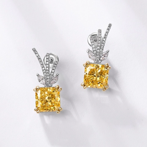 925 Sterling Silver Antler Stud Earrings Yellow Square Cut Zirconia Fashion Luxurious Inlaid Earring For Women Jewelry