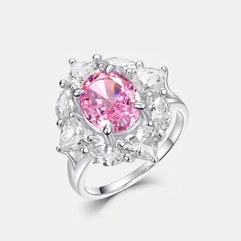 Roze Ovale Zirconia Bloem Cluster Ring 925 Sterling Zilver Ijsbloem Slijpvorm Hoog Koolstof Zirkoon Sieraden Voor Vrouwen