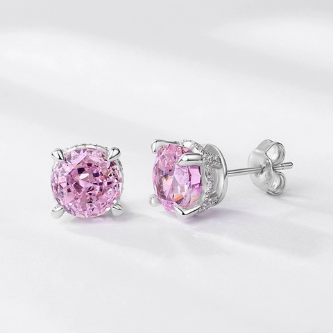 925 Sterling Zilver Roze Zirconia Oorknopjes Voor Vrouwen Eenvoudige Kersenbloesem Ronde Slijpvorm Fonkelende Sieraden