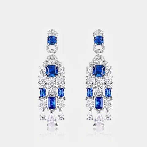 Vintage 925 Sterling Silver Blue Rhinestone Tassel Drop Earrings For Women Luxury Banquet Jewelry Elegant Geometric Earrings