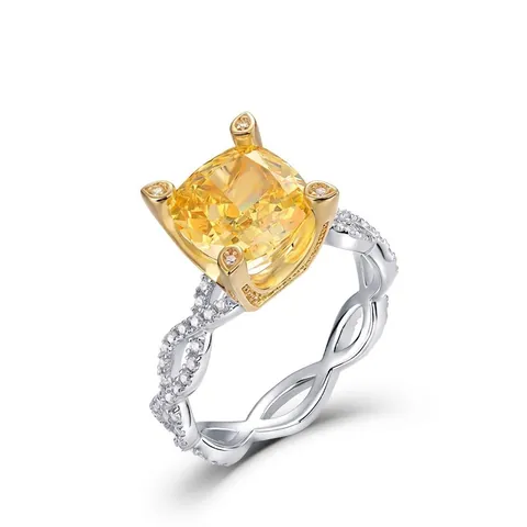 S925 Sterling Zilveren Gele Strass Ring Ijsbloem Slijpvorm Kussenvorm Luxe Gedraaide Band Sieraden Voor Vrouwen Feest Bruiloft