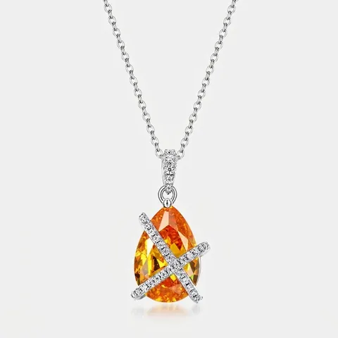 S925 Sterling Silver Pear Shaped Orange Yellow Zirconia Pendant Luxury Water Drop X Cross Design Jewelry For Women Pendant Only