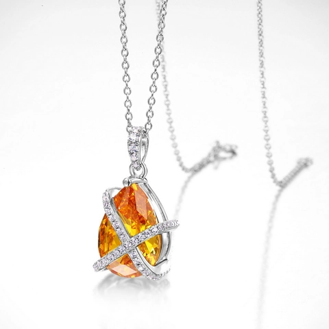 S925 Sterling Silver Pear Shaped Orange Yellow Zirconia Pendant Luxury Water Drop X Cross Design Jewelry For Women Pendant Only