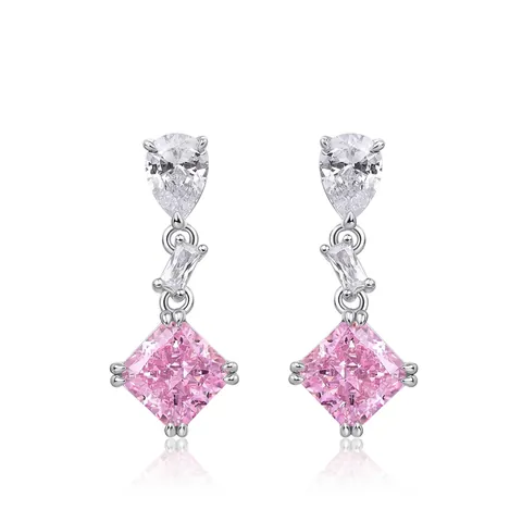 Pendientes de Plata de Ley 925 con Circonia Cuadrada Rosa para Mujer Corte de Hielo Pendientes Radiantes Joyería de Lujo