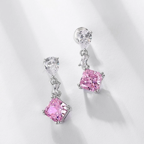 Pendientes de Plata de Ley 925 con Circonia Cuadrada Rosa para Mujer Corte de Hielo Pendientes Radiantes Joyería de Lujo