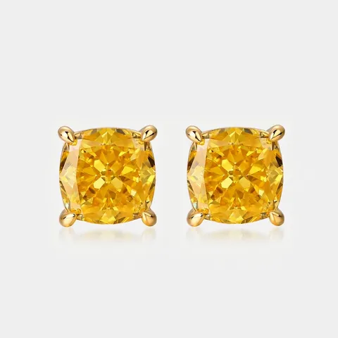 Boucles d'Oreilles Clous Carrées en Argent Sterling 925 pour Femmes Élégant Strass Jaune Taille Princesse Bijoux Géométriques