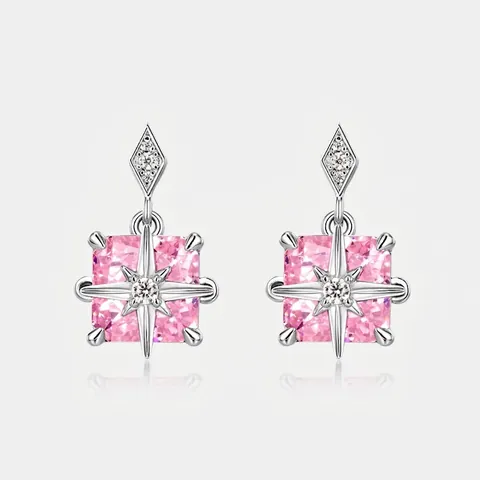 Square 925 Sterling Silver Stud Earrings For Women Pink Zirconia Inlaid Star Design Luxurious Fashion Jewelry Accessories Wedding Gift