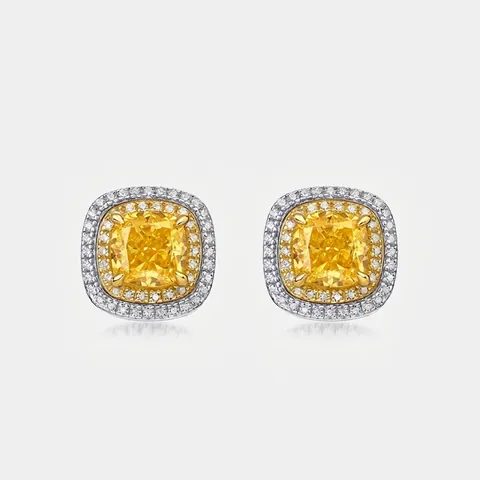 Luxus 925 Sterling Silber Gelb Kissen Schliff Hoher Kohlenstoff Diamant Halo Ohrstecker Für Damen Mode Schmuck Ohrringe
