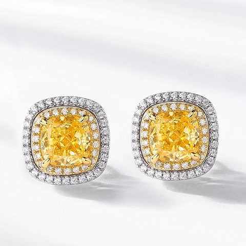 Luxus 925 Sterling Silber Gelb Kissen Schliff Hoher Kohlenstoff Diamant Halo Ohrstecker Für Damen Mode Schmuck Ohrringe
