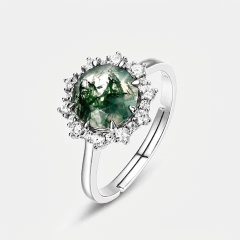 Anello in Argento Sterling S925 con Agata Muschiata Verde Pietra Tonda Strass Girasole Nobile Gioielli Regolabili per Donna