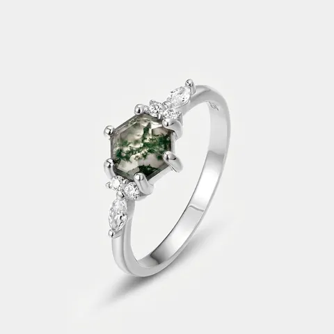 Vintage Hexagon Moss Agate Ring For Women S925 Sterling Silver Plated Inlaid Zirconia Geometric Finger Ring Jewelry Gift