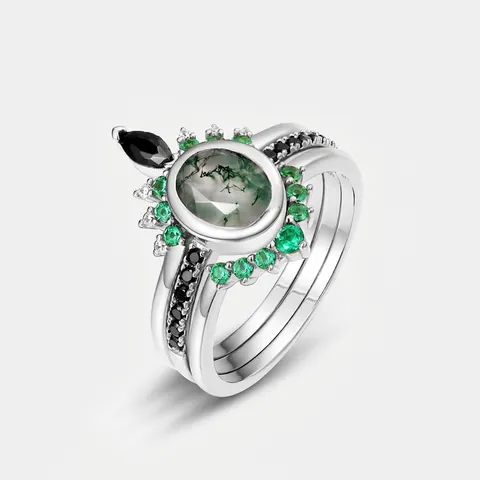 Juego de Anillos de Plata de Ley 925 Vintage para Mujer Ágata Musgo Ovalada Circonia Bohemio Joyería Apilable