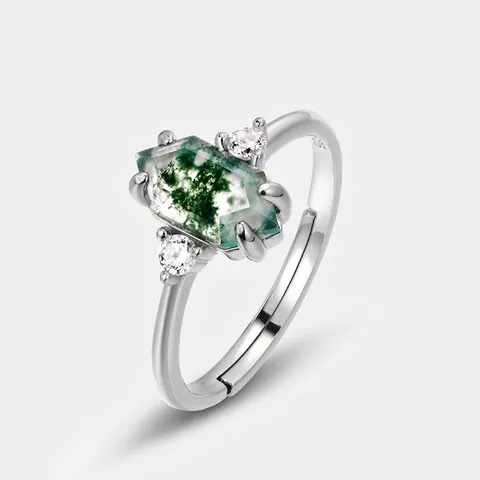 Vintage Hexagonal Moss Agate S925 Sterling Silver Ring Adjustable Rhinestone Open Finger Ring For Women Luxury Jewelry
