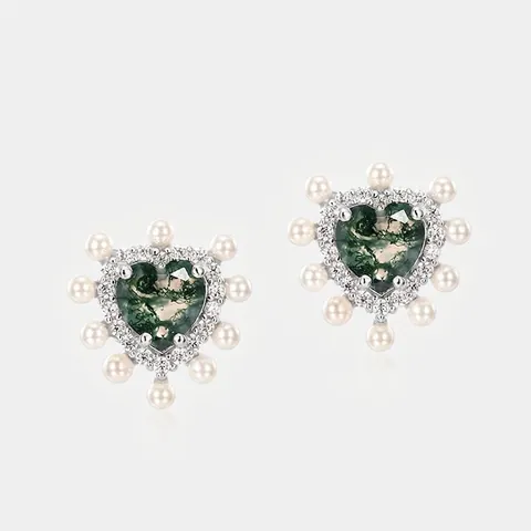 S925 Sterlingsilber Herz Moosachat Ohrstecker Vintage Zirkonia Künstliche Perle Rand Ohrringe Für Damen Eleganten Schmuck