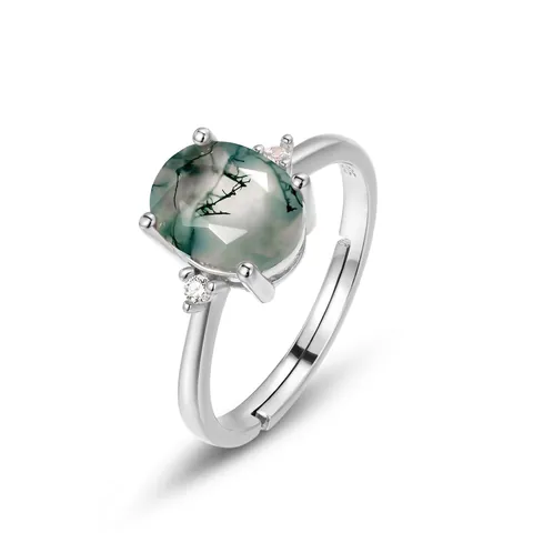 S925 Sterlingsilber Moosachat Ring Für Damen Vintage Ovaler Grüner Stein Verstellbarer Offener Ring Luxuriöser Strass Eingelegter Schmuck Geschenk