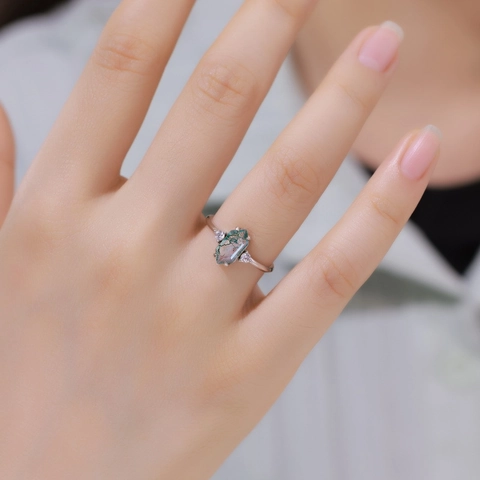 Vintage Hexagonal Moss Agate S925 Sterling Silver Ring Adjustable Rhinestone Open Finger Ring For Women Luxury Jewelry