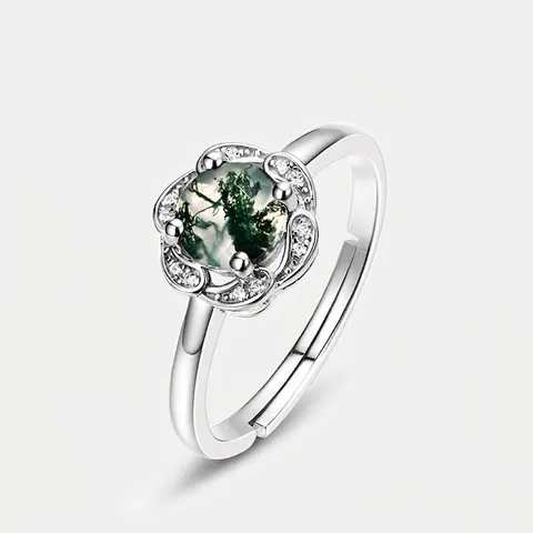 S925 Sterling Silber Moosachat Ring Für Damen Vintage Blume Verstellbar Offen Strass Eingelegt Mode Luxus Schmuck Grüner Edelstein Fingerring