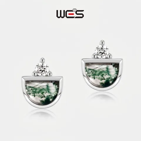 Pendientes de Botón de Plata de Ley S925 Ágata Musgosa Geométricos Semiredondo Strass Incrustado Oro Plata Chapado Mujer
