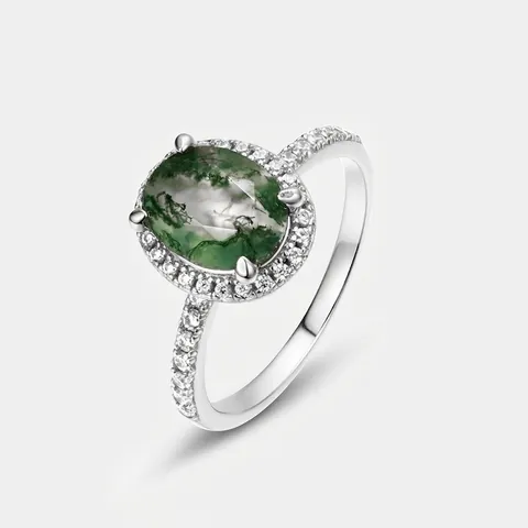 Natural Moss Agate Ring 925 Sterling Silver Gold Plated Oval Green Aquatic Agate Inlaid Rhinestone Retro Fashion Jewelry For Women