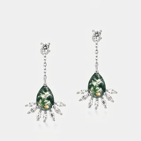 Vintage Moss Agate Drop Earrings With 925 Sterling Silver Post Rhinestone Teardrop Dangle Earrings For Women Fashion Jewelry