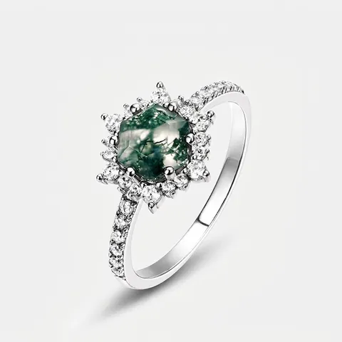 Vintage 925 Sterling Zilver Hexagon Groen Mosagaat Ring Voor Vrouwen Elegante Strass Halo Ring Sieraden Cadeau
