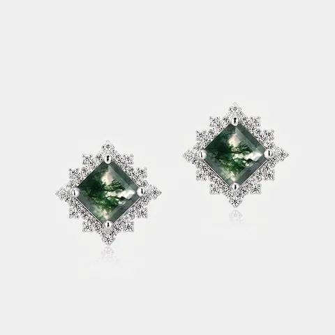 Orecchini a Bottone in Agata Muschiata Quadrati Con Perno in Argento Sterling 925 Vintage Halo Orecchini Donna