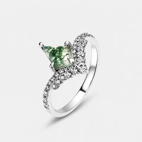 Luxury 925 Sterling Silver Moss Agate Ring For Women Kite Cut Geometric Natural Stone Ring Rhinestone Inlaid Jewelry Gift