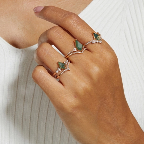 Luxury 925 Sterling Silver Moss Agate Ring For Women Kite Cut Geometric Natural Stone Ring Rhinestone Inlaid Jewelry Gift
