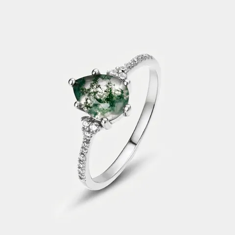 Anello in Argento Sterling 925 con Agata Muschiata Vintage per Donna Placcato Oro Pietra Naturale a Goccia con Strass Anello Geometrico
