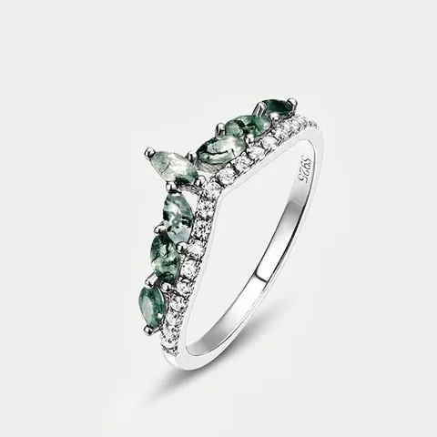 Vintage 925 Sterlingsilber V Form Ring Für Damen Grüne Moosachat Krone Ring Mit Strass Marquise Schliff Naturstein Ring Schmuck