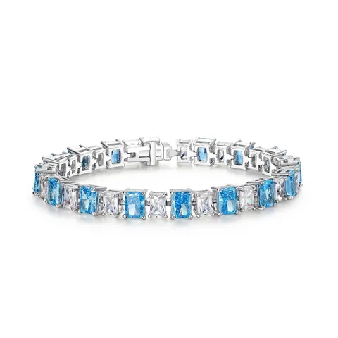 Bracciale Tennis in Argento Sterling 925 da Donna Taglio Smeraldo Blu Bianco Zirconia Intarsiato Gioielli di Lusso