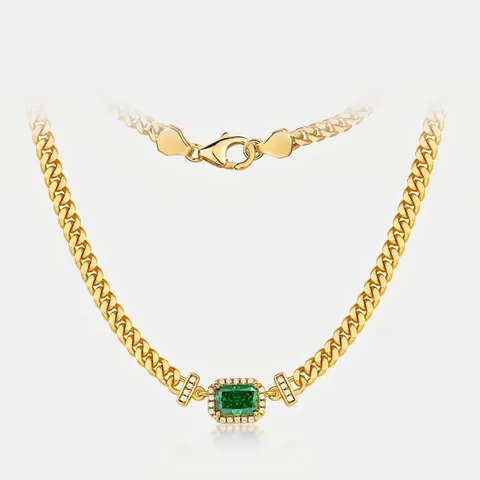Lussuosa Collana in Argento Sterling 925 per Donna Placcata in Oro 10K Pendente Strass Verde Smeraldo Catena Cubana Gioielli Moda