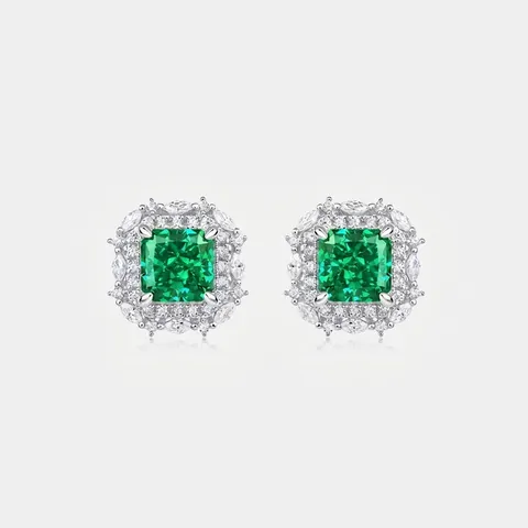 Orecchini a Bottone in Argento Sterling 925 Con Zirconia Verde Smeraldo Design Halo Geometrico Quadrato Gioielli Eleganti per Donna Matrimonio