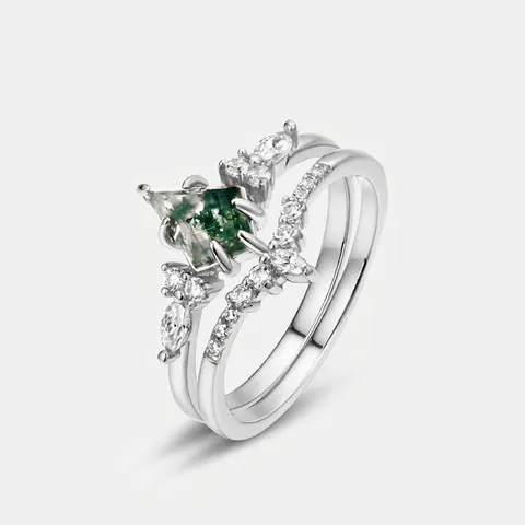 Vintage S925 Sterling Silver Natural Moss Agate Stacking Ring Set For Women Kite Cut Zirconia Wedding Band Gold Plated