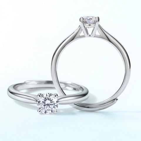 Minimalistischer 925 Sterlingsilber Moissanit Offener Ring Für Damen Vier-Krappen-Fassung Verstellbar Rundschliff Hochzeitsschmuck