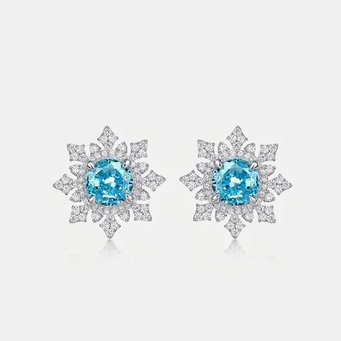 Orecchini a Bottone a Fiocco di Neve in Argento Sterling 925 Zirconia Blu Chiaro Intarsiato Gioielli Stile Invernale Donna Matrimonio