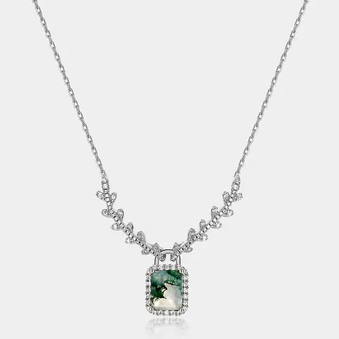 S925 Sterling Silver Moss Agate Pendant Necklace Green Natural Stone Rectangle Gemstone Zirconia Charm Fashion Jewelry For Women