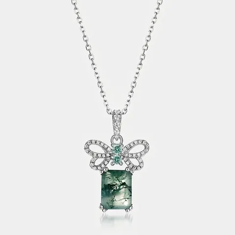 Ciondolo in Argento Sterling 925 Agata Muschiata per Donna Design Vintage a Farfalla Con Strass Gioielli in Pietra Verde Ciondolo Solo Senza Catena