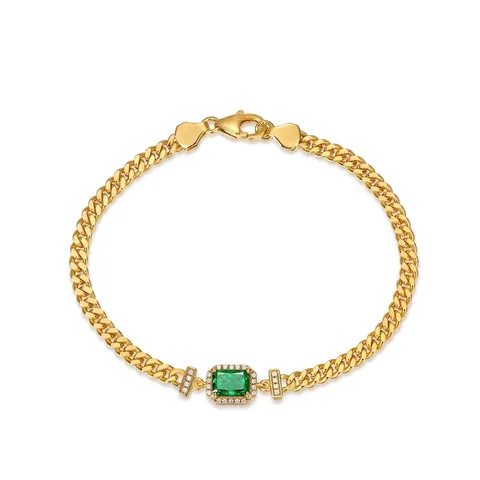 Pulsera de Plata de Ley 925 para Mujer Verde Esmeralda Rectangular Incrustado con Strass Cadena de Eslabones Joyería