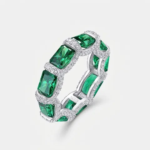 Emerald Cut Green Glass Eternity Ring 925 Sterling Silver Pave Rhinestone Band Ring For Women Wedding Jewelry Finger Ring