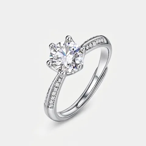 Luxurious 925 Sterling Silver Moissanite Ring For Women Adjustable Crown 6-Prong Sparkling Round Cut Anniversary Jewelry Finger Ring