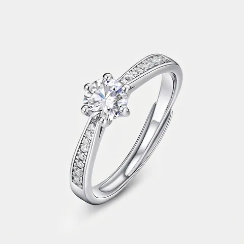 Classic 925 Sterling Silver Moissanite Ring For Women Six Prong Crown Setting Adjustable Open Ring Wedding Jewelry