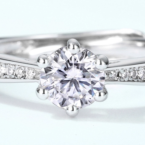 Classic 925 Sterling Silver Moissanite Ring For Women Six Prong Crown Setting Adjustable Open Ring Wedding Jewelry