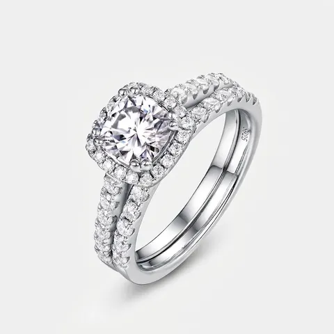 Luxury 925 Sterling Silver Moissanite Ring Set Cushion Cut Halo Pavé Wedding Engagement Rings for Women Noble Jewelry