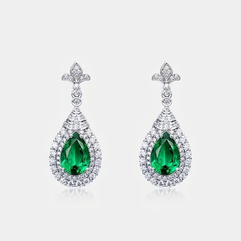 Vintage 925 Sterling Silver Lab-grown Emerald Drop Earrings For Women Elegant Pear Cut Zirconia Inlaid Luxury Jewelry