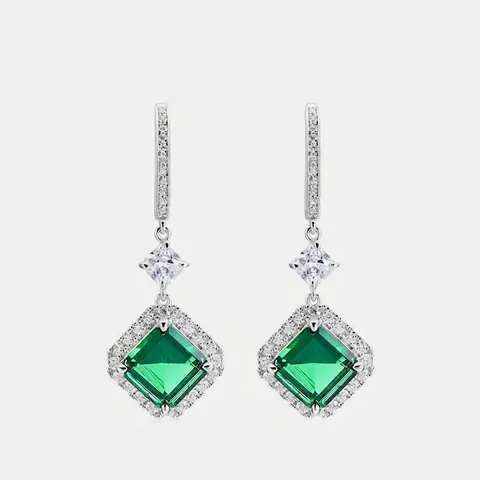 925 Sterling Silver Lab-Grown Emerald Drop Earrings For Women Elegant Square Cut Green Zirconia Inlaid Jewelry Vintage Banquet Earring