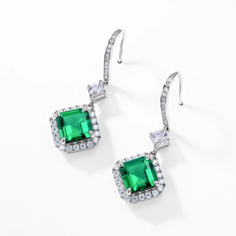 925 Sterling Silver Lab-Grown Emerald Drop Earrings For Women Elegant Square Cut Green Zirconia Inlaid Jewelry Vintage Banquet Earring