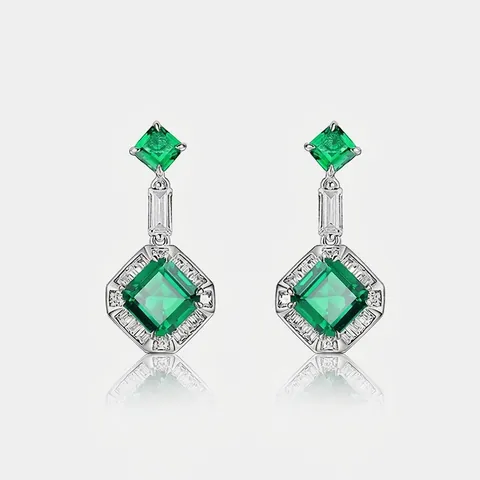 S925 Sterling Silver Lab-Created Emerald Drop Earrings For Women Vintage Geometric Zirconia Inlaid Green Gemstone Earrings Jewelry