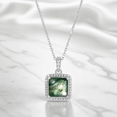 Natuurlijke Mosagaat Vierkante Hanger 925 Sterling Zilver Zirconia Ingelegd Vintage Ketting Alleen Hanger Zonder Ketting Dames